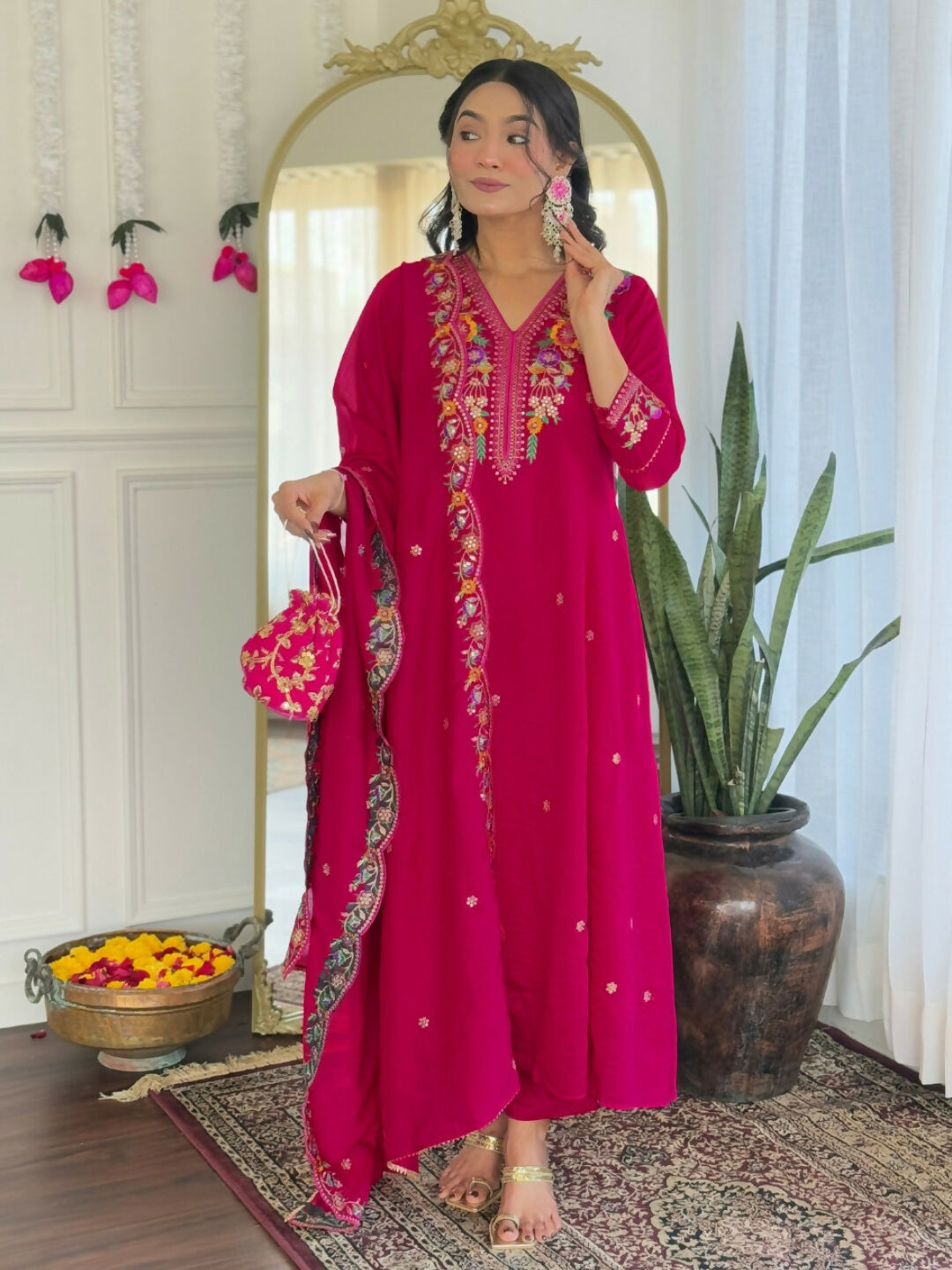 The52 Rani Women's Beautiful Embroidered Work Vichitra Silk Fabric Straight Kurta Pant and Dupatta Set - Swadesiicart