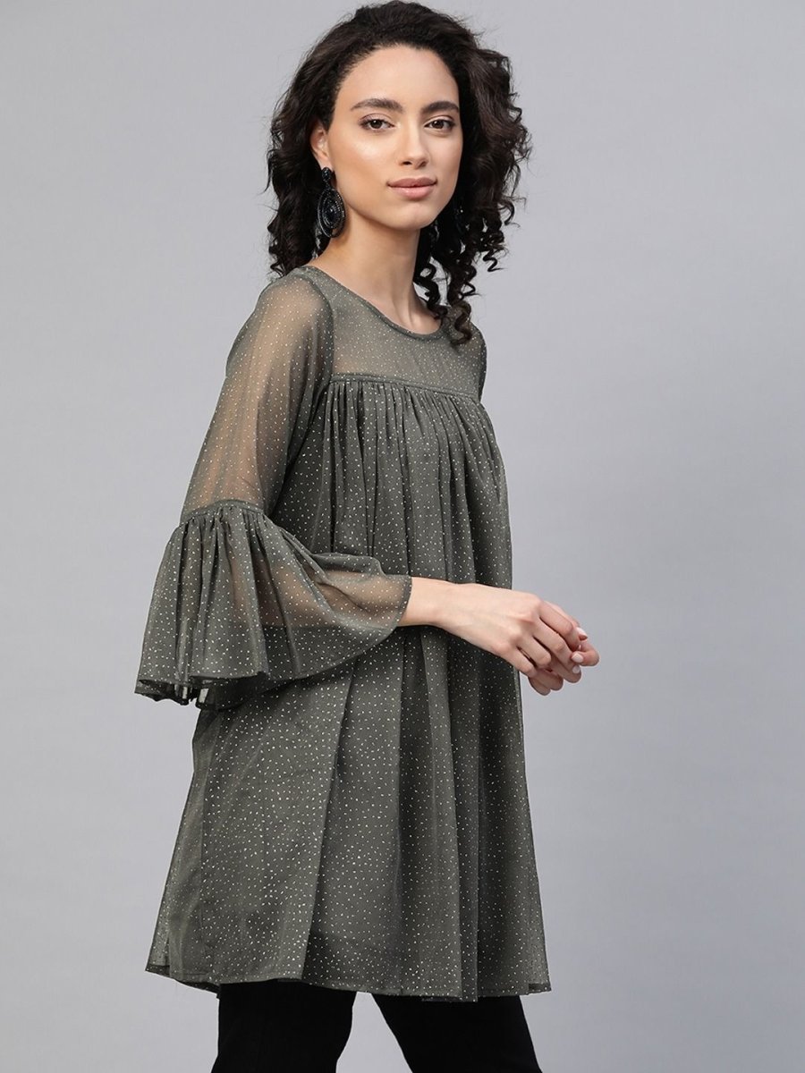 Ahalyaa Women Grey Chiffon Silver Glitter Printed Tunic | Swadesiicart