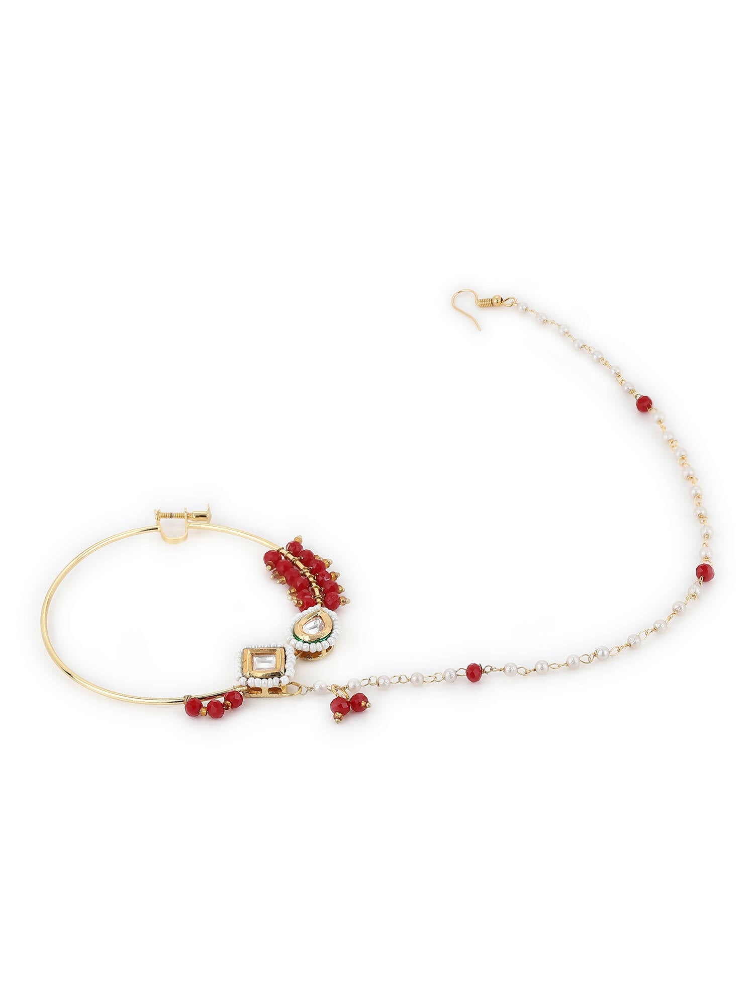Gold-Polished White Red Stone-Studded Pearl Beaded Nosepin - Ruby Raang | Swadesiicart