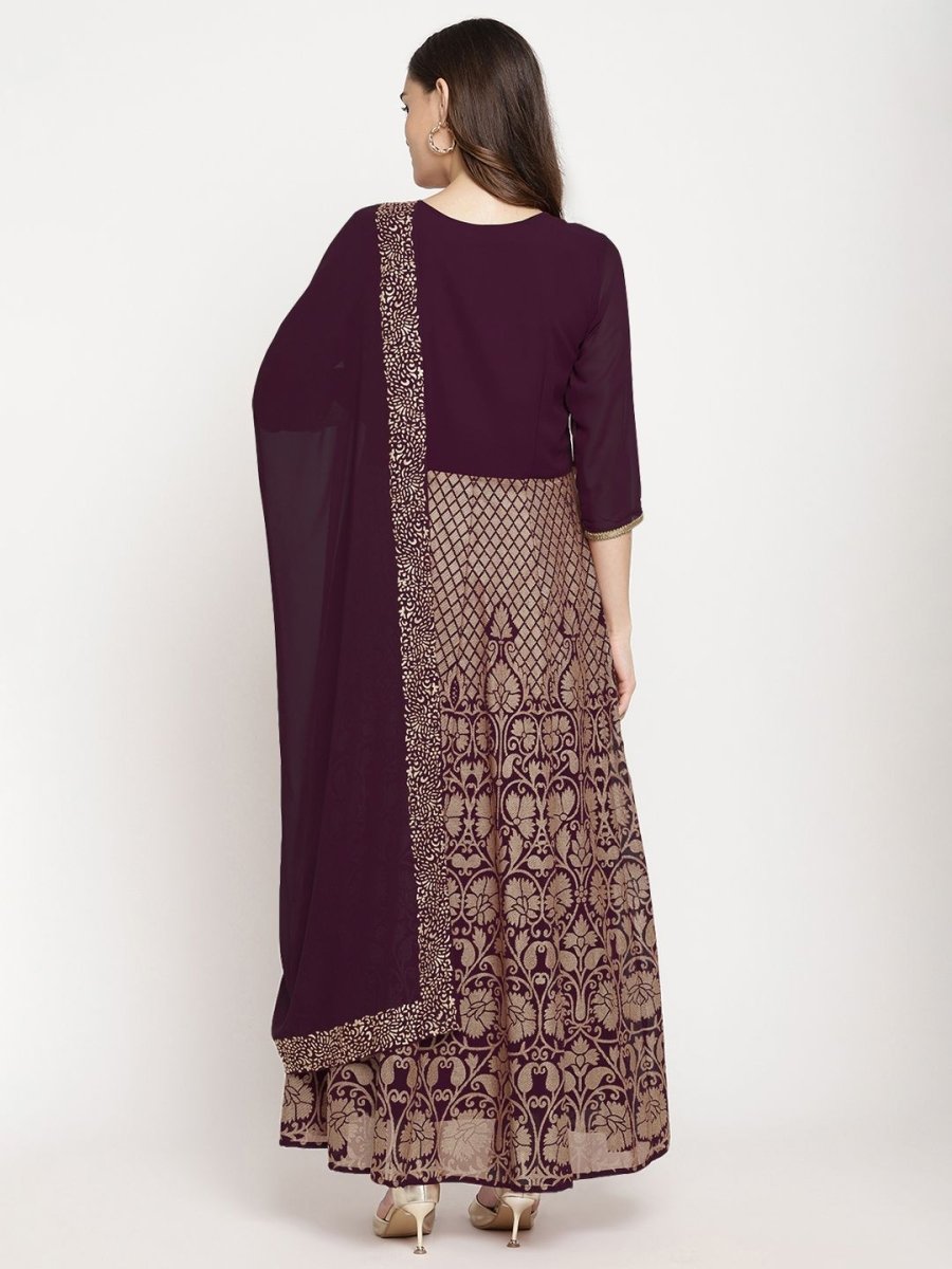 Ahalyaa Women's Wine Georgette Gold Foil Print Flared Kurta With Dupatta | Swadesiicart