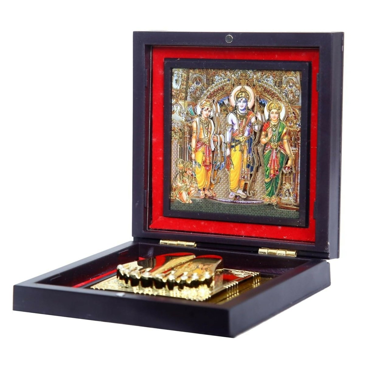 AncientlRam Darbar Pocket Temple Box With Charan Paduka Square Shaped, Gold-Polished - Swadesiicart