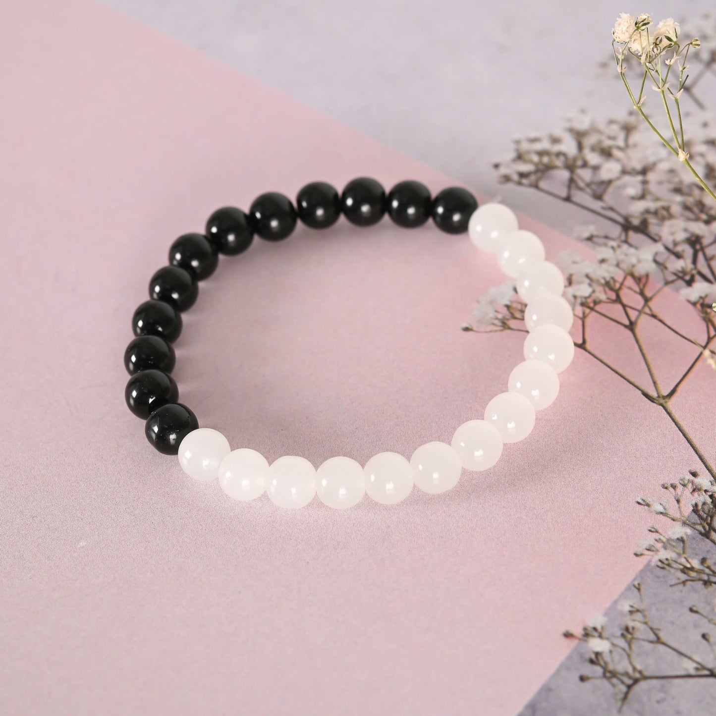 NVR Men & Women Black & White Marbel Crystal Elasticated Bracelet - Swadesiicart