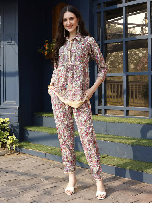 Pink & Beige Rayon Floral Printed Top with Matching Bottom - Eesha - Swadesiicart