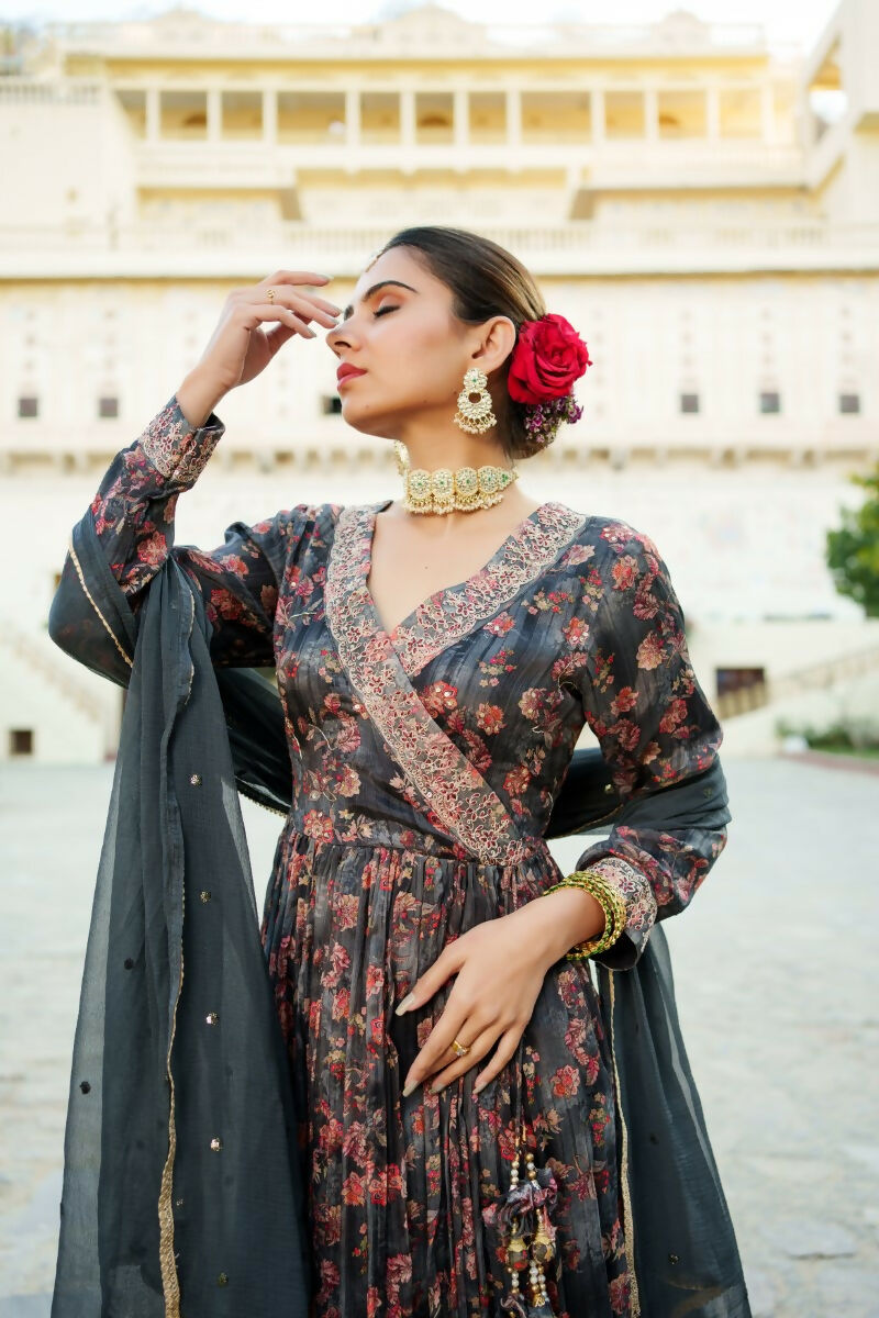 Vaasva Black Chinon Floral Embroidered Angrakha, Pant & Dupatta set | Swadesiicart