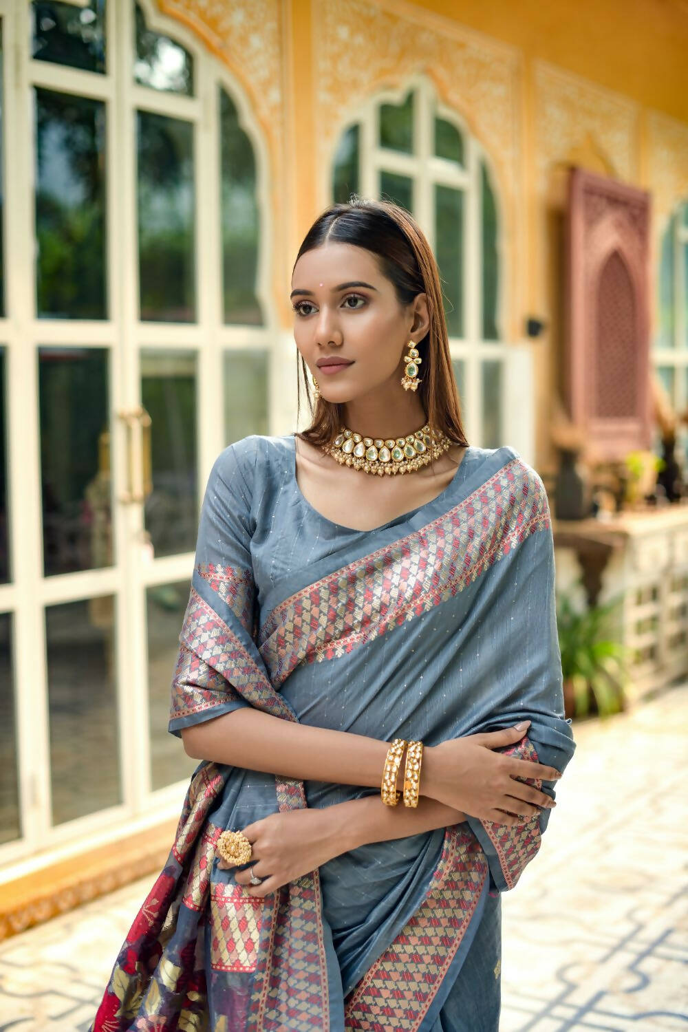 Vishnu Weaves Women's Grey Cotton Silk Zari Woven Butta Work Saree with Blouse - Swadesiicart