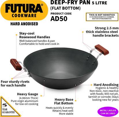Hawkins Futura Hard Anodised Deep Fry Pan Flat Bottom Kadhai 5 L (AD50) - Swadesiicart