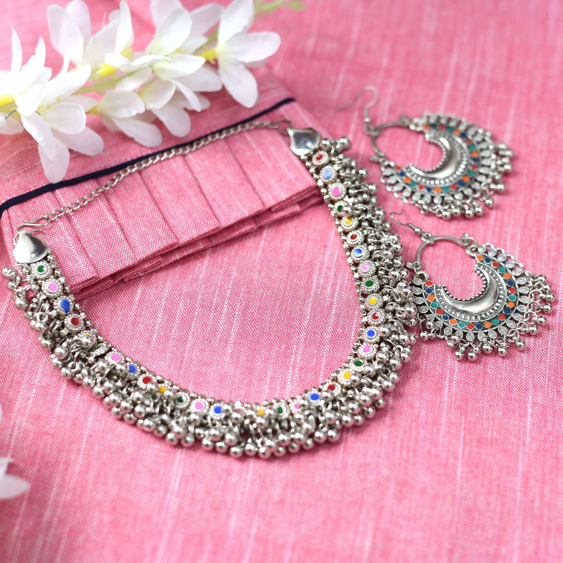 Mominos Fashion Johar Kamal Oxidised Silver-Plated Meena Work Choker Set | Swadesiicart