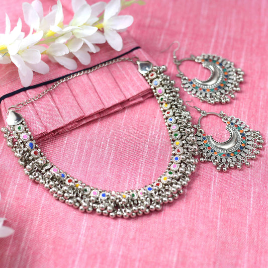 Mominos Fashion Johar Kamal Oxidised Silver-Plated Meena Work Choker Set | Swadesiicart