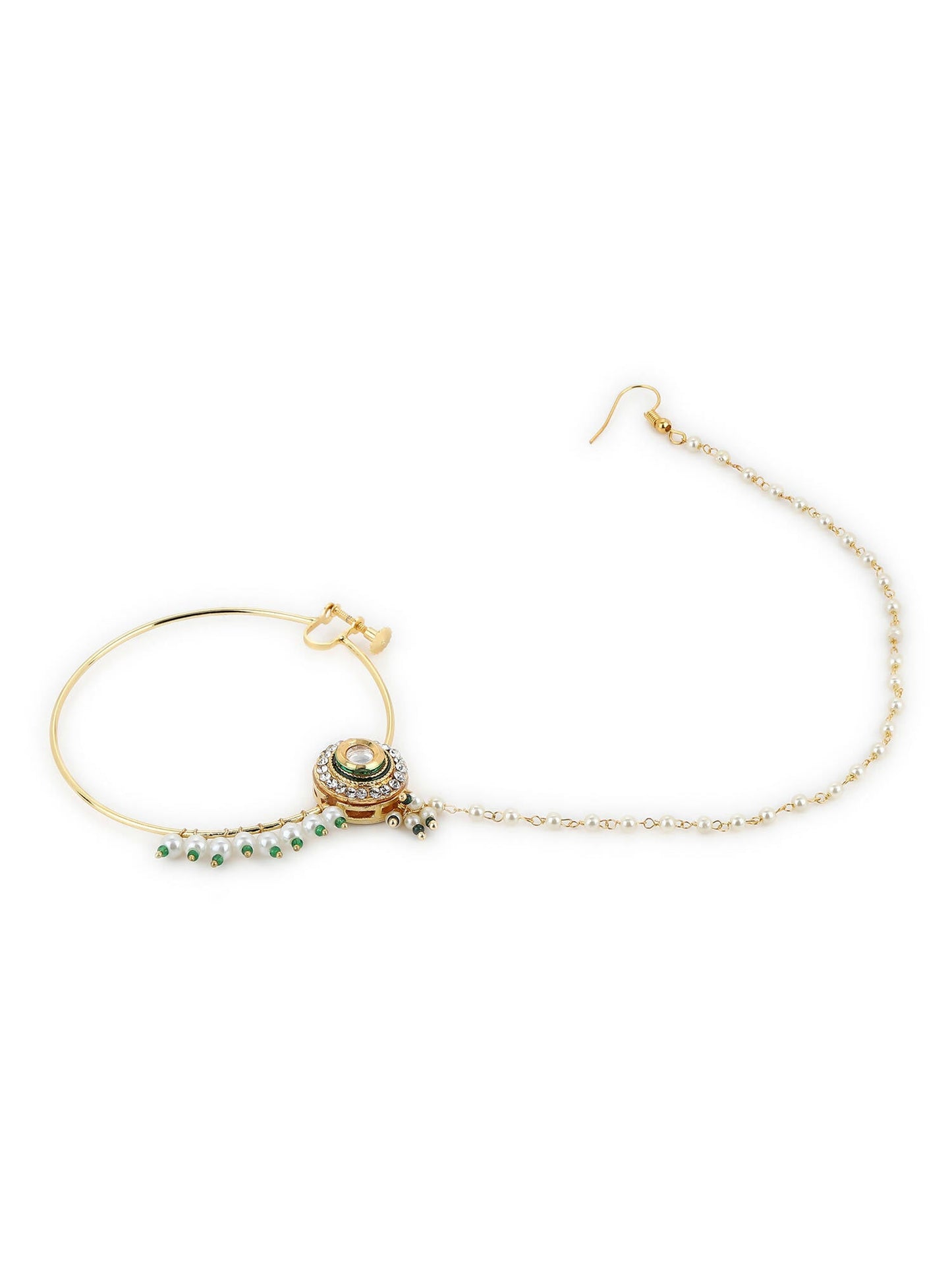 Gold-Polished White Green Kundan-Studded Pearl Beaded Nosepin - Ruby Raang | Swadesiicart