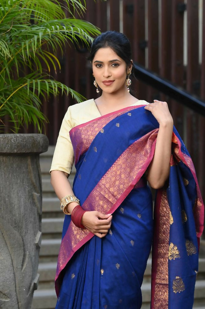 Beatitude Blue Cotton Banarasi Saree | Swadesiicart
