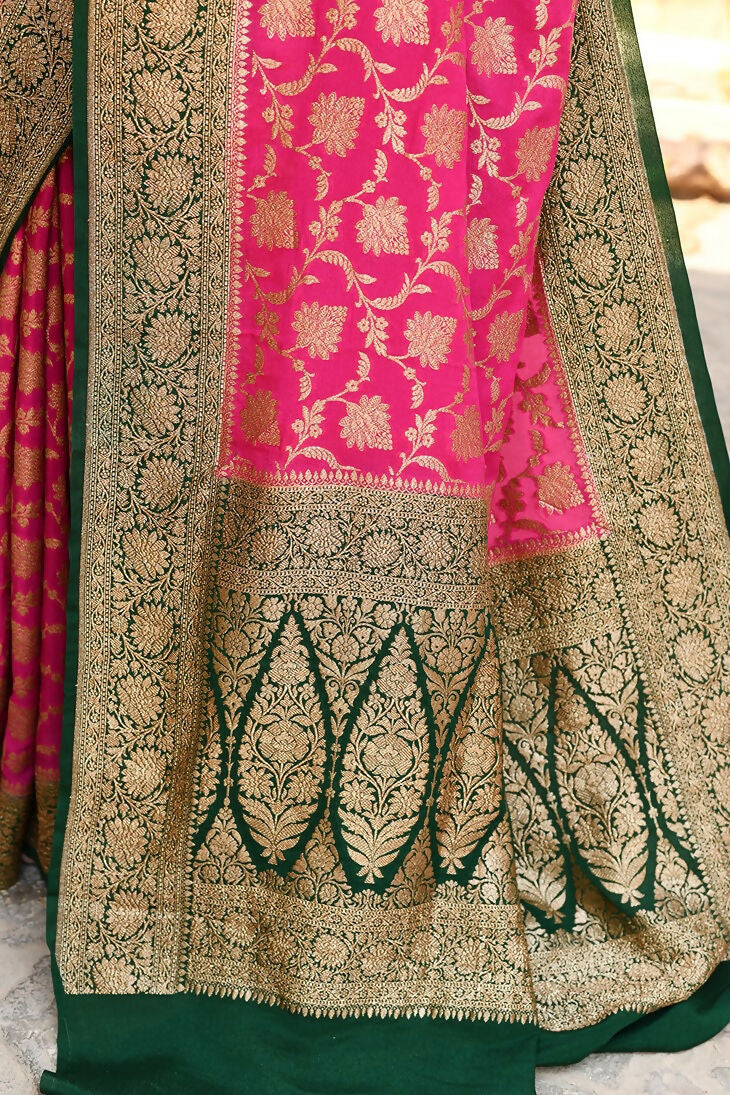 Joban Fashion Pink Crepe Chiffon Pure Handloom Banarasi Silk Saree | Swadesiicart