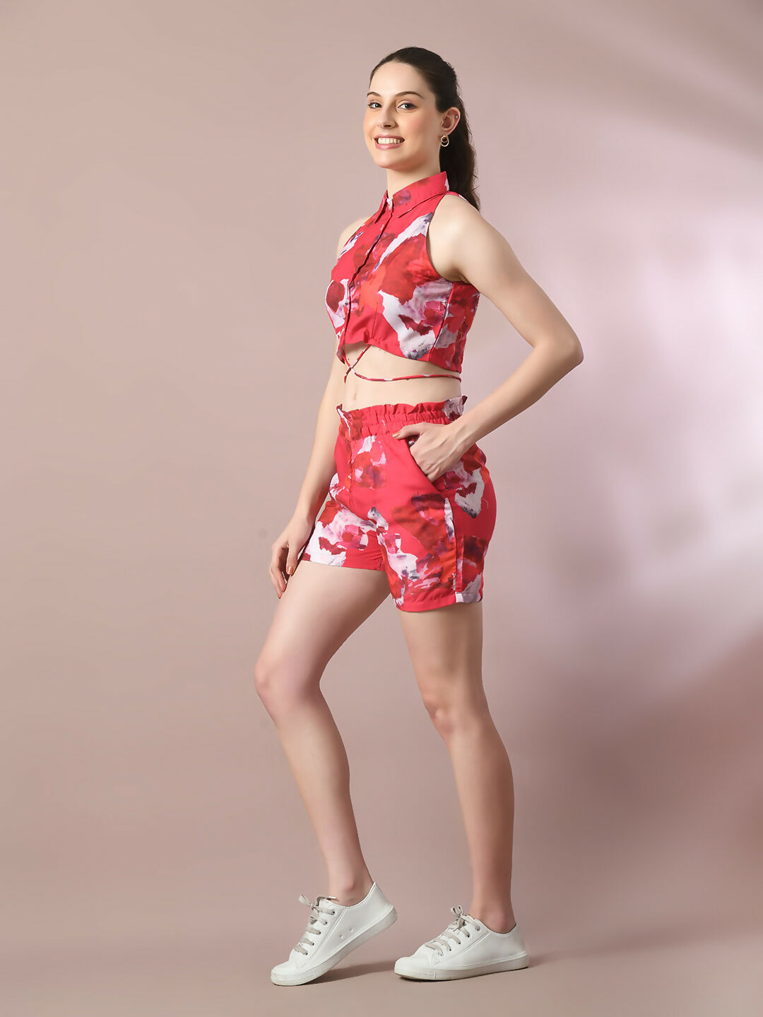 Myshka Women's Multi Printed Shirt Collar Party Top With Shorts Co-ord set - Swadesiicart