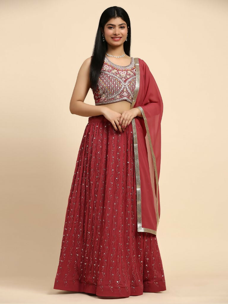 Red Georgette Embroidered Lehenga choli with Dupatta - Dhara | Swadesiicart