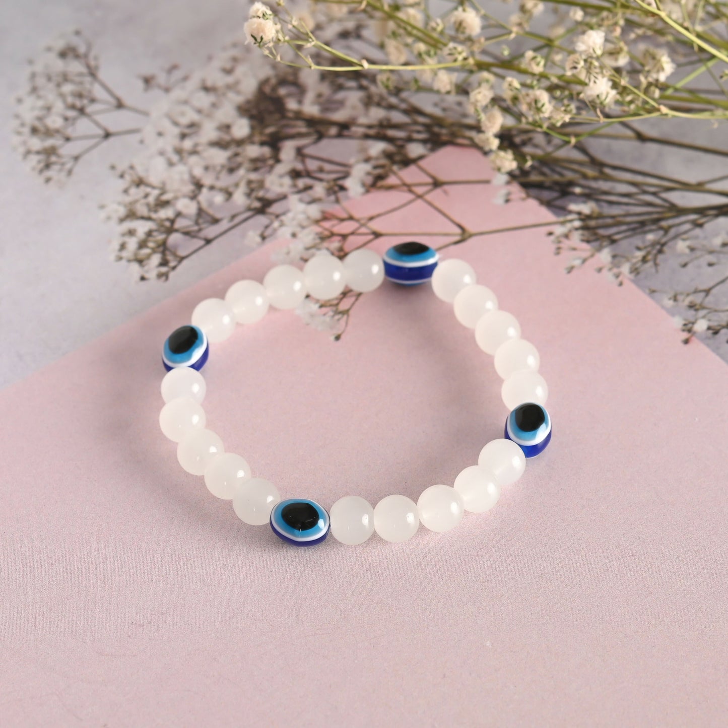 NVR Men & Women White Marbel Crystal Elasticated Bracelet - Swadesiicart