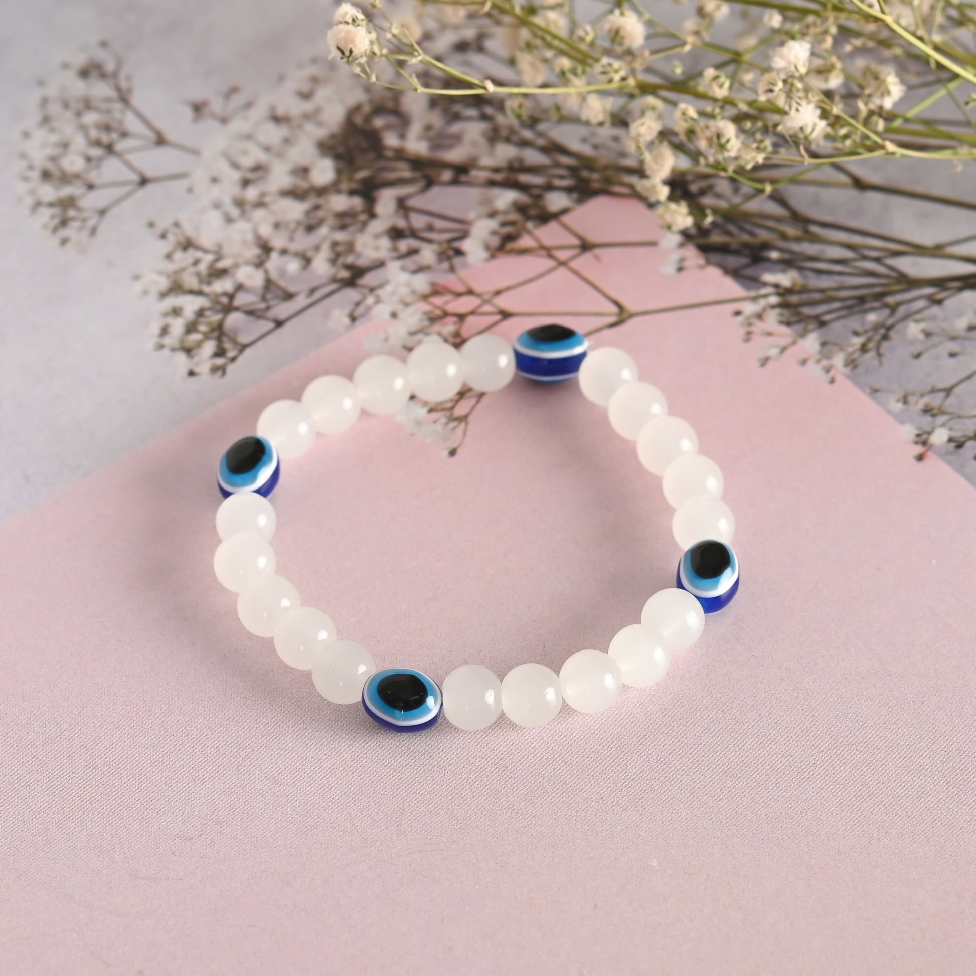 NVR Men & Women White Marbel Crystal Elasticated Bracelet - Swadesiicart