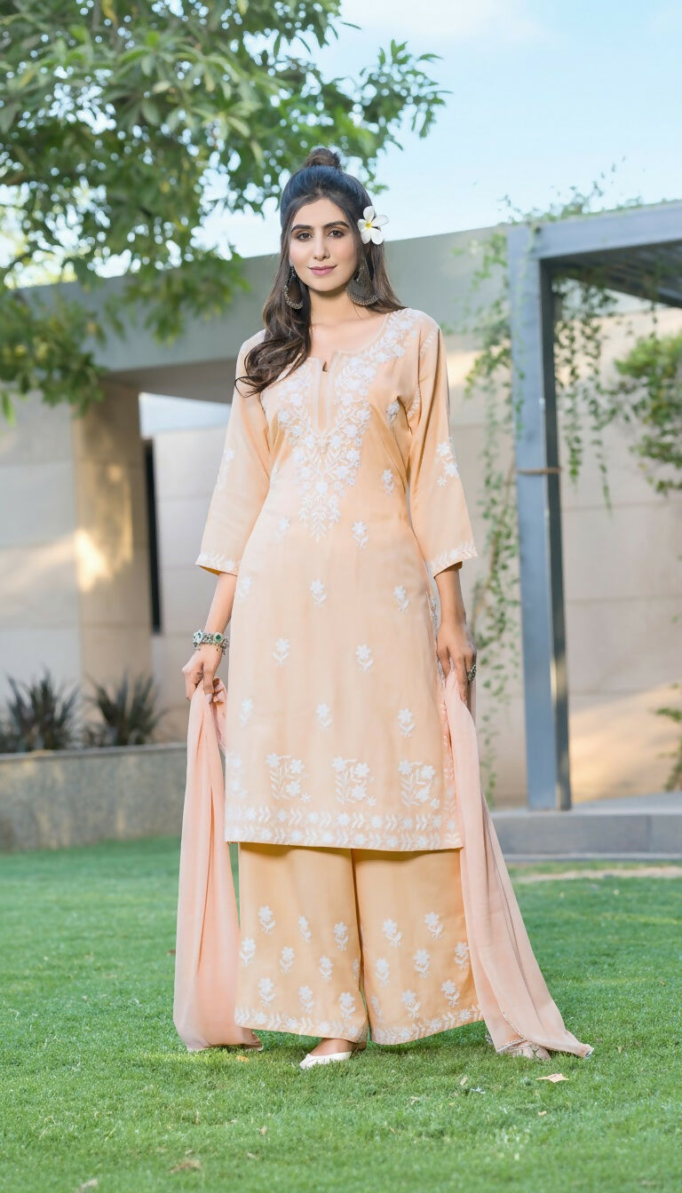 BulBul Meher Rayon Peach Kurta Set with Dupatta - Swadesiicart