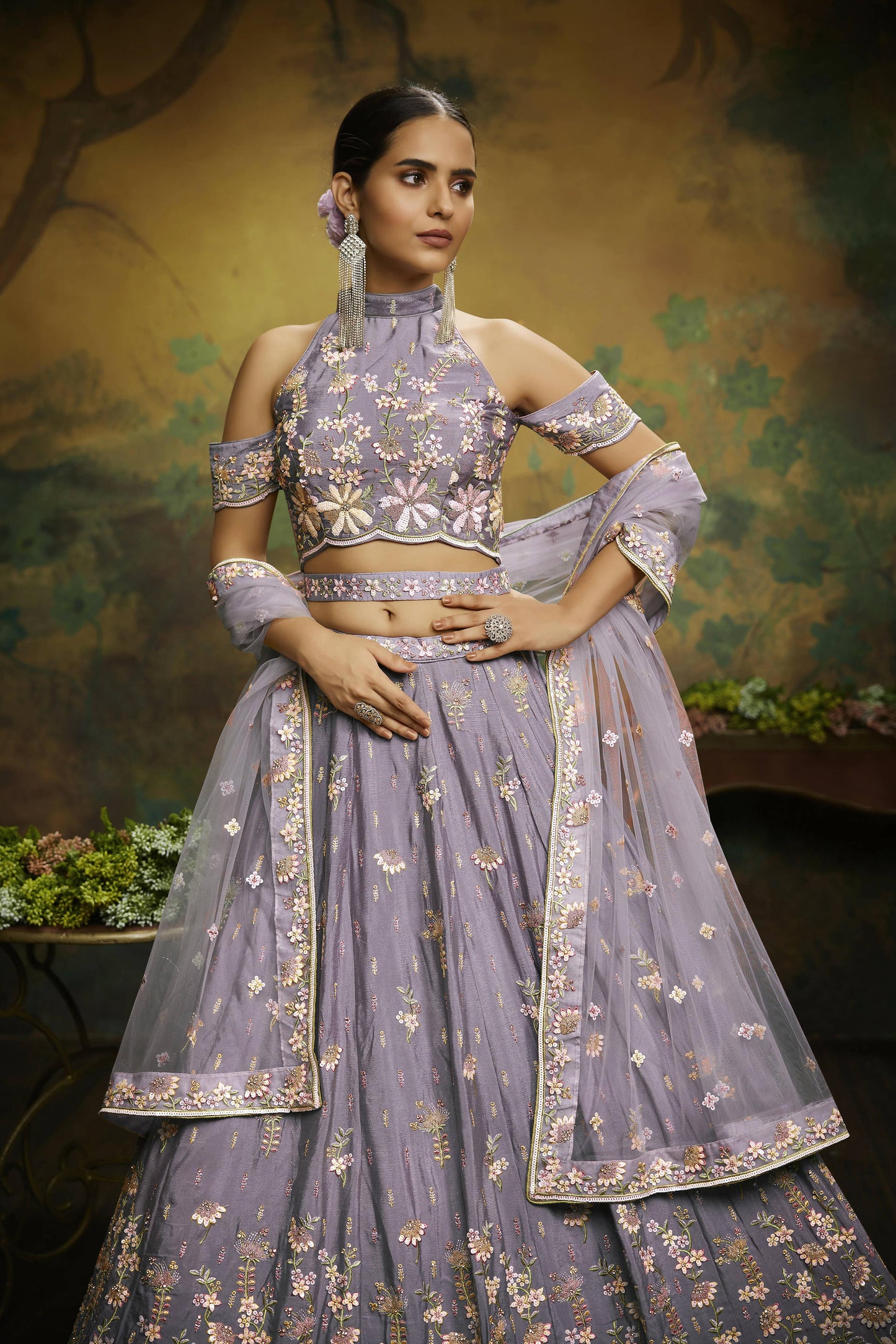 House of Panchhi Mauve Pure Georgette Sequins with heavy Zarkan embroidery Lehenga choli & Dupatta | Swadesiicart