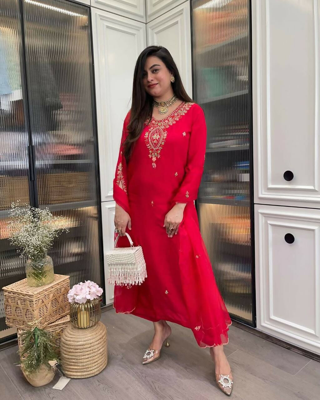 The52 Red Beautiful Embroidered Rayon Fabric Straight Kurta Pant with Dupatta Set - Swadesiicart