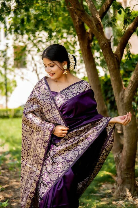 Vishnu Weaves Women's Wine Handloom Raw Silk Woven Border Saree with Unstitched Blouse - Swadesiicart