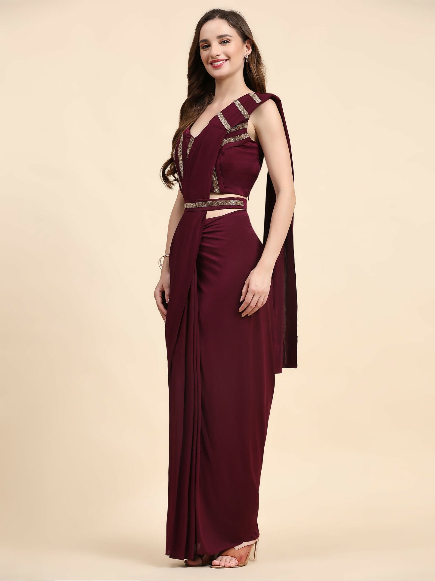Maroon Polyester Solid Ready to Wear Saree with stitched Blouse - Nita | Swadesiicart