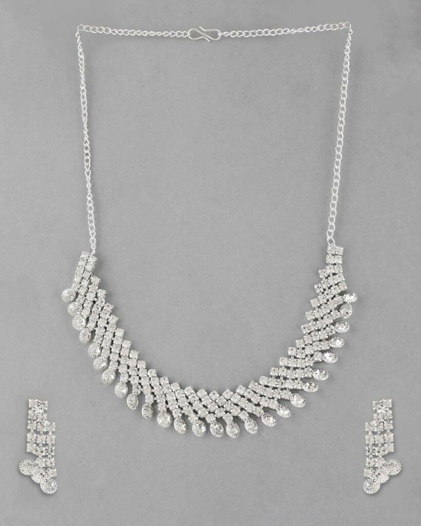 VOJ Silver Plated AD Stone Studded Necklace With Earrings Jewellery Set - Swadesiicart