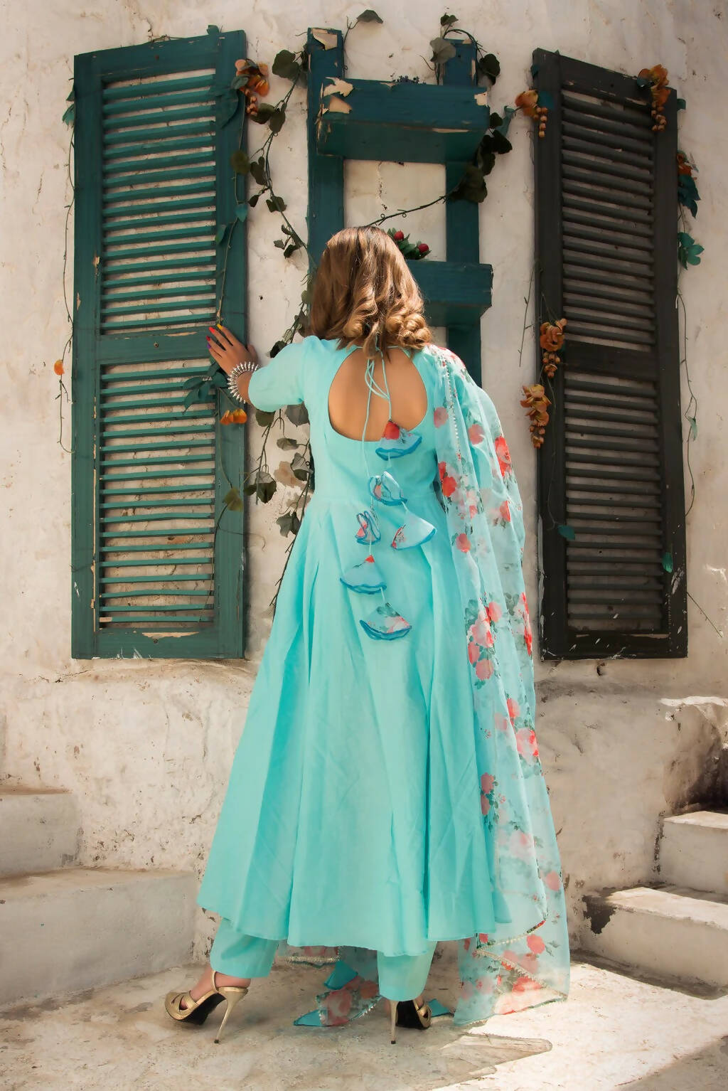 Pomcha Jaipur Blue Berry Pure Cotton Anarkali Set With Organza Dupatta | Swadesiicart