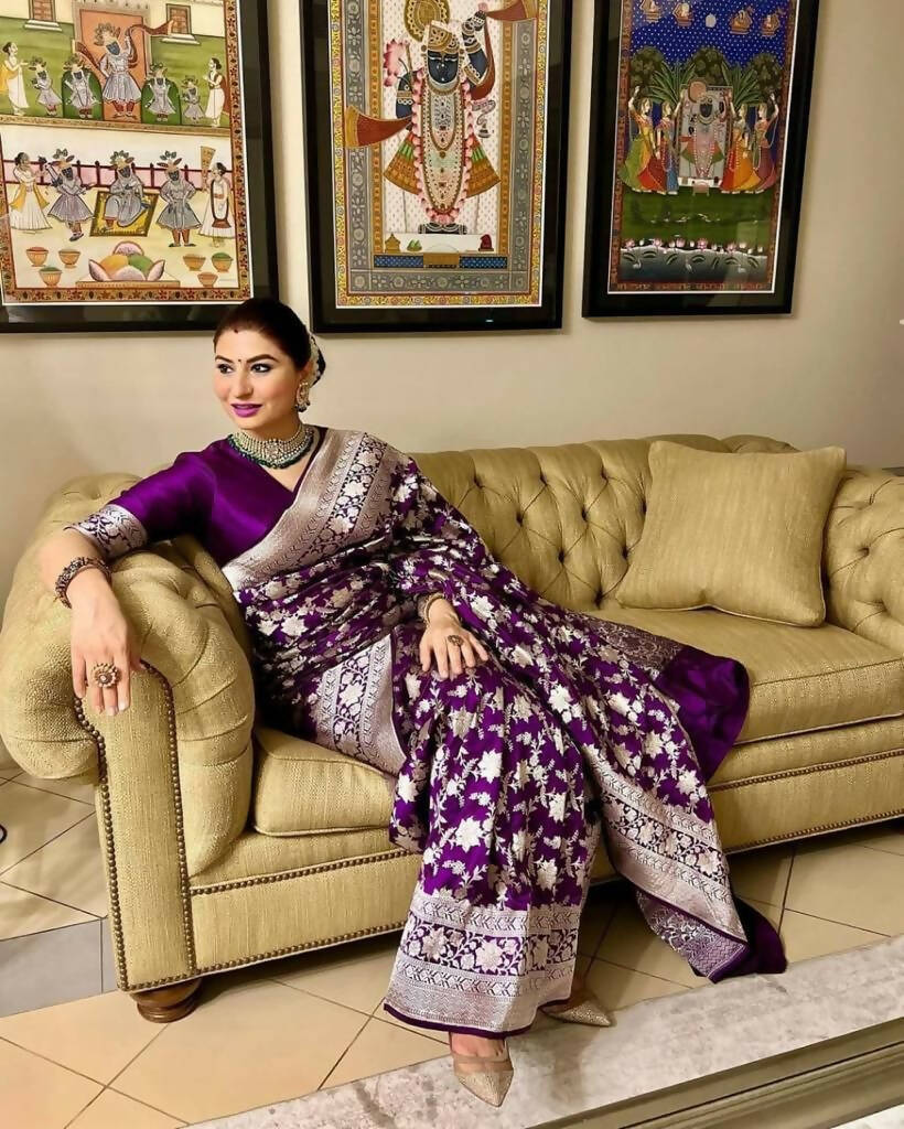 DEIANA'S Beautiful Designer Golden zari Soft Lichi Silk Saree - Wine - Swadesiicart