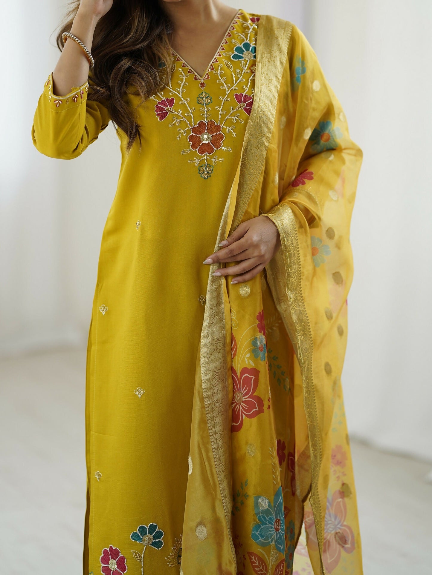 The52 Yellow Women's Gorgeous Embroidered work Viscose Gadhwal Fabric Straight Kurta, Pant and Dupatta Set - Swadesiicart