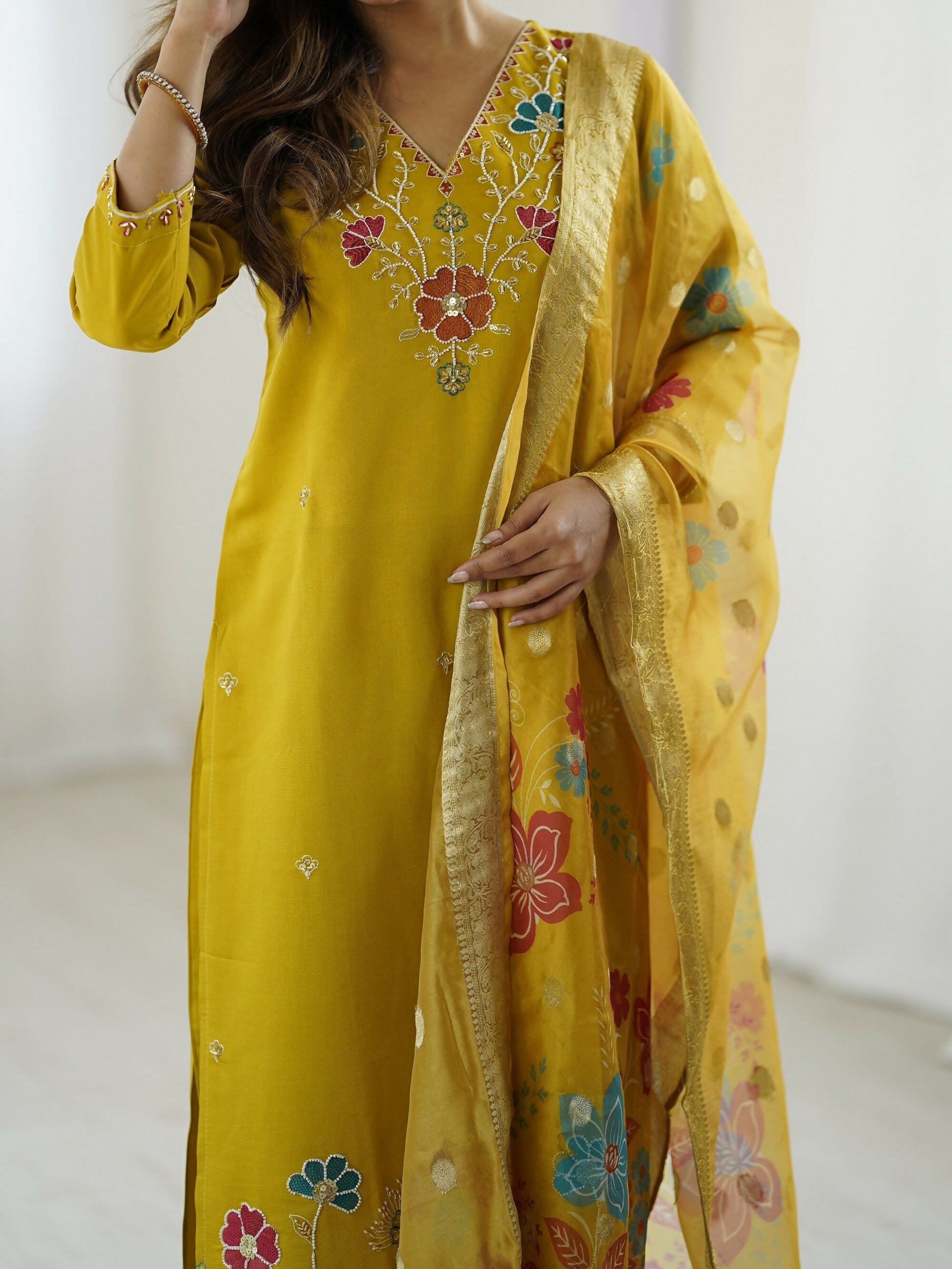 The52 Yellow Women's Gorgeous Embroidered work Viscose Gadhwal Fabric Straight Kurta, Pant and Dupatta Set - Swadesiicart