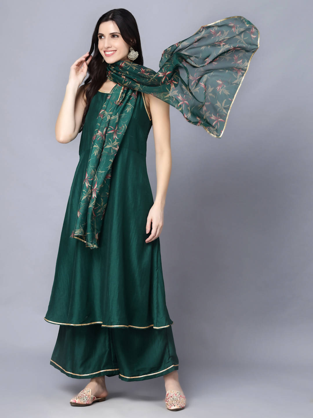 Myshka Women Green Ethnic Motifs Yoke Design Panelled Kurti with Sharara With Dupatta | Swadesiicart