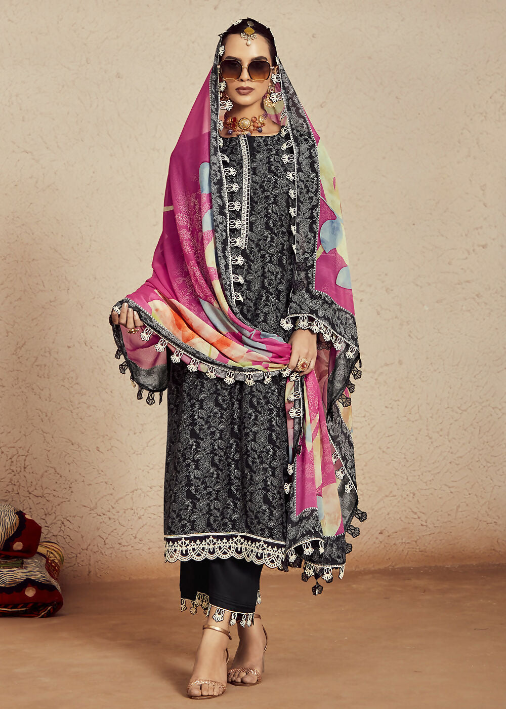 Muslin Cotton Digital Print & Embroidered Black Salwar Suit - Emponline | Swadesiicart