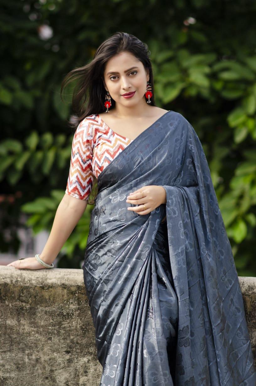 Grey Silk Blend Ethnic Motifs Saree with Unstitched Blouse - Hiral Fashion | Swadesiicart