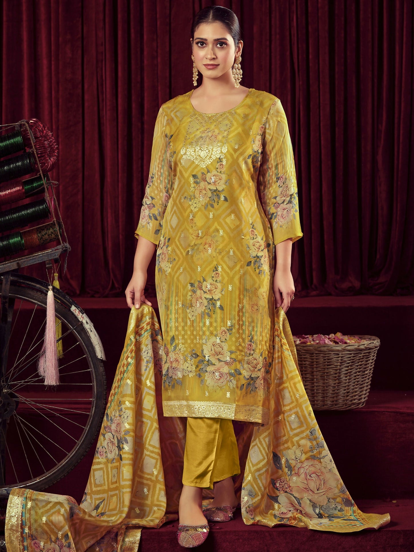 Jyoti Fashion Women's Mustard Organza Jacquard Woven Kurta with Trouser & Dupatta | Swadesiicart