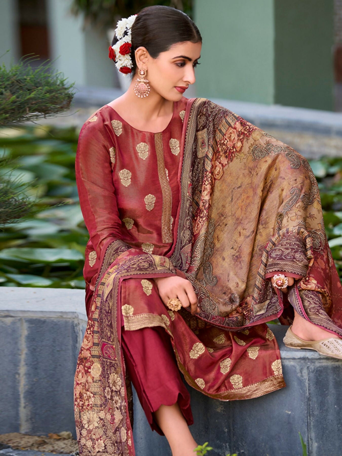 Jyoti Fashion Women's Maroon Pure Silk Elegant Jacquard Woven Kurta with Trouser & Dupatta | Swadesiicart