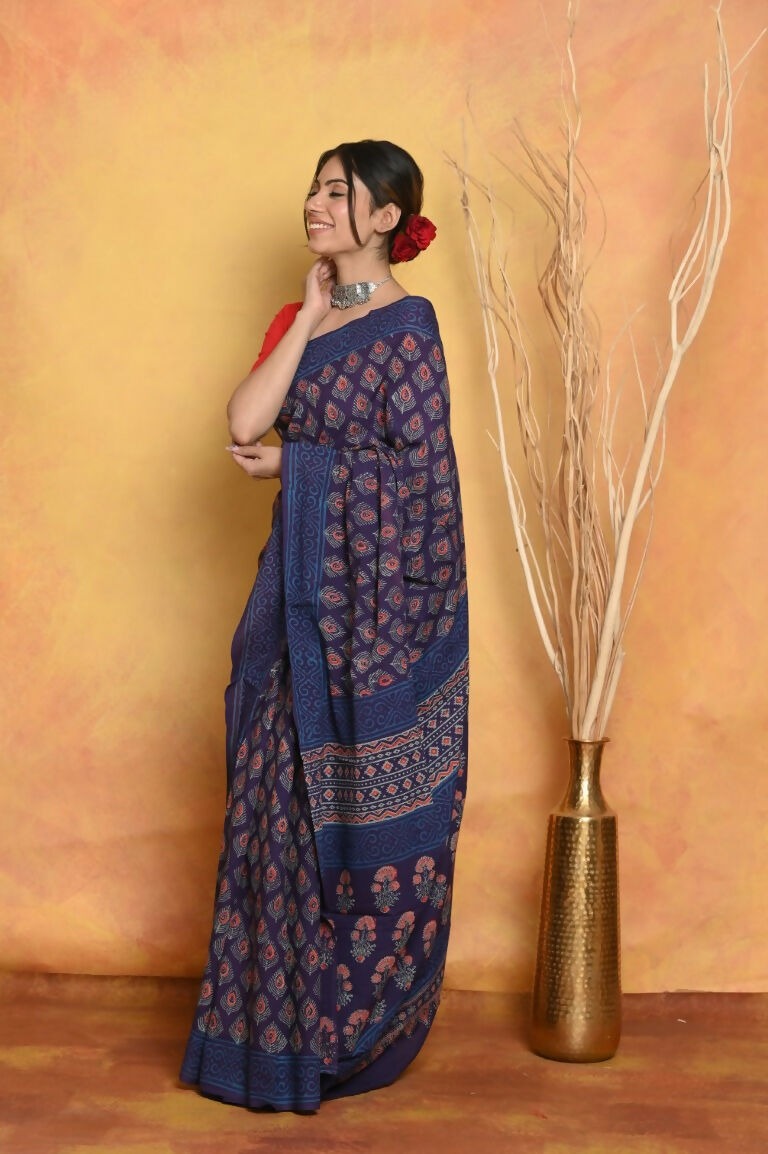 Very Much Indian Handblock Printed Cotton Saree With Natural Dyes - Blue | Swadesiicart