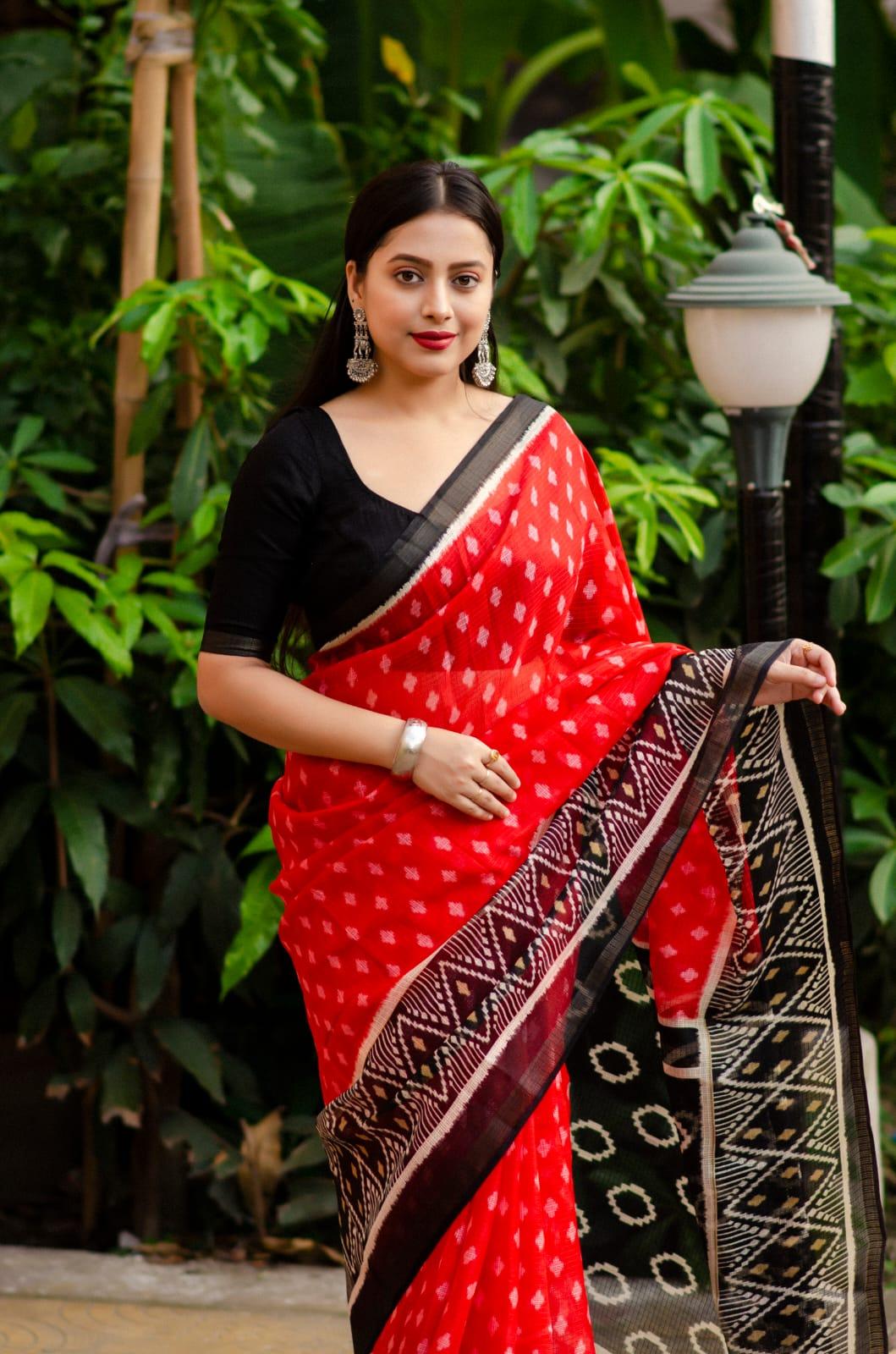 Red Polycotton Ethnic Motifs Saree with Unstitched Blouse - Hiral Fashion | Swadesiicart