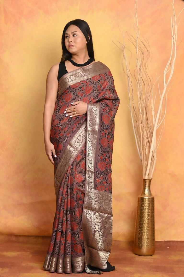 Very Much Indian Modal Silk Ajrakh Handblock Printed Natural Dyes With Designer Border Saree - Maroon | Swadesiicart