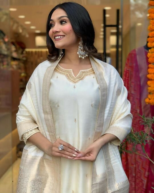The52 White Beautiful Embroidered Viscose Chanderi Fabric Straight Kurta Pant with Dupatta Set - Swadesiicart