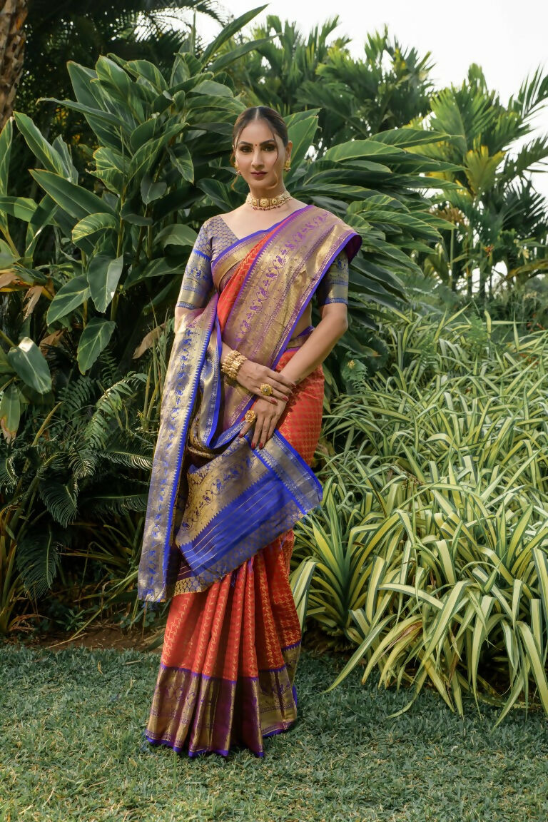 Jyoti Fashion Women's Orange Kanjivaram Silk Zari Woven Saree with Blouse | Swadesiicart