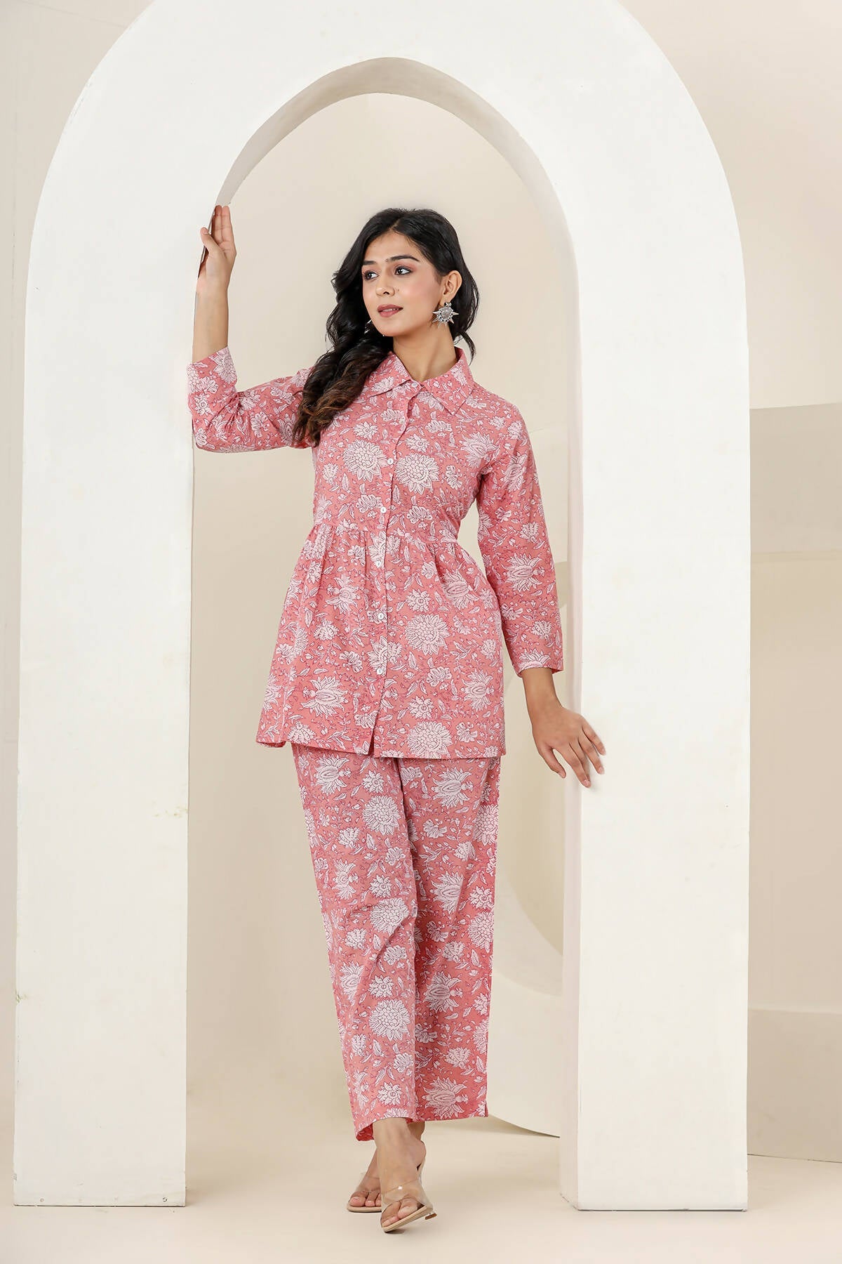 Kaajh Women's Pink Printed Cotton Co-ord Set - Swadesiicart