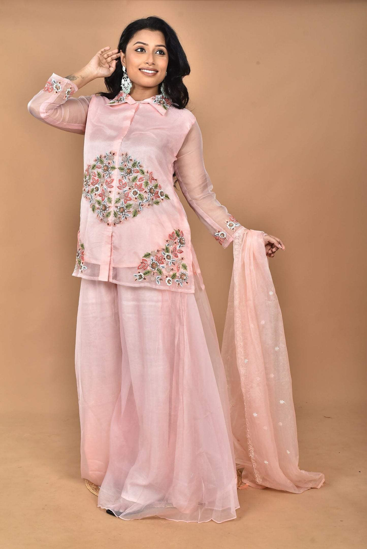 Morchari Women And Hand Embroidery Palazzo Set-Peach - Swadesiicart