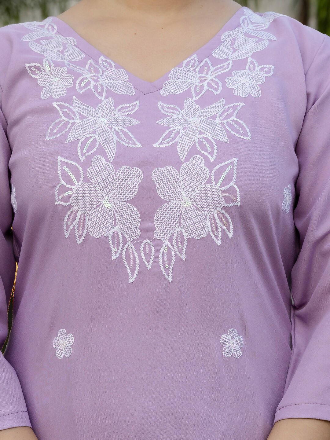 The52 Lavender Women's Beautiful Thread work Rayon Fabric with Straight Kurta, Pant and Dupatta Set - Swadesiicart