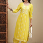 Vishudh Yellow Floral Embroidered Round Neck Thread Work Straight Kurta With Palazzos - Swadesiicart