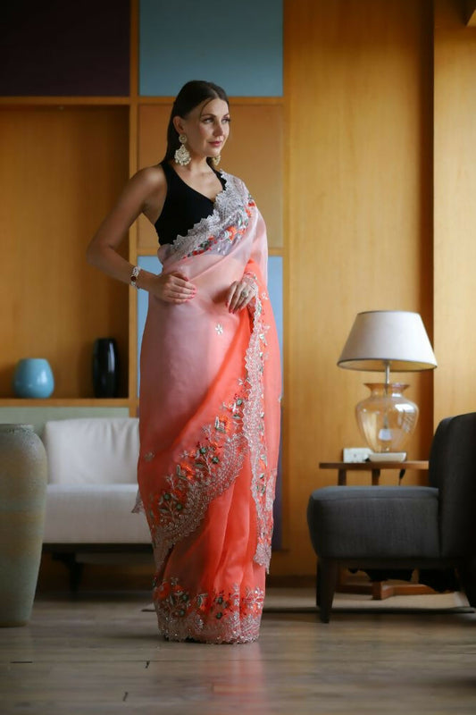 Vamsee Sanyogita Sanyogita - Orange Organza Saree - Swadesiicart
