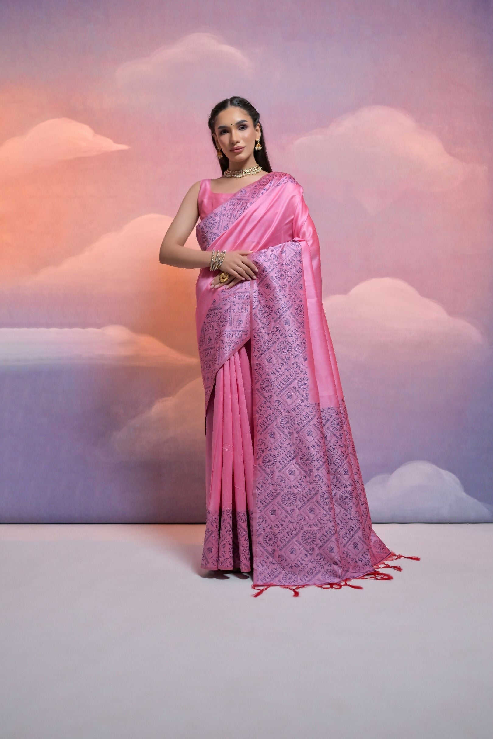Vishnu Weaves Women's Baby-Pink Handloom Raw Silk Woven Border Saree with Blouse - Swadesiicart