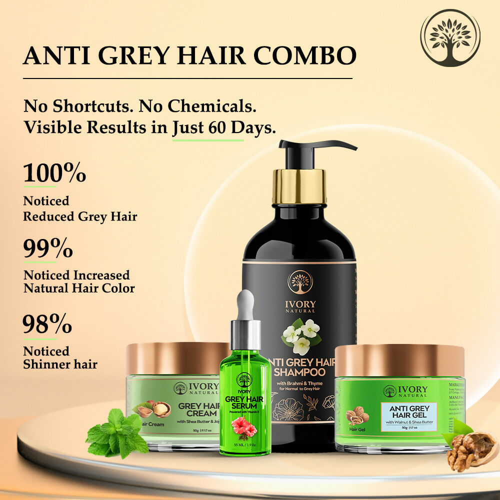 Ivory Natural Grey Hair Advanced Combo (Serum, Shampoo, Cream & Gel) For Both Men & Women | Swadesiicart