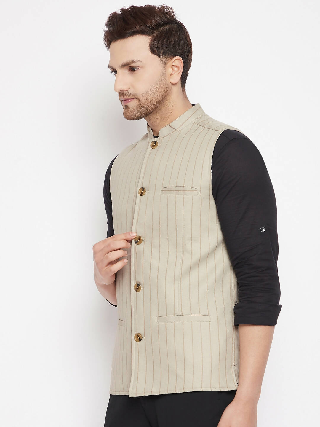 Even Apparels Beige Linen Blend Men Woven Nehru Jacket | Swadesiicart