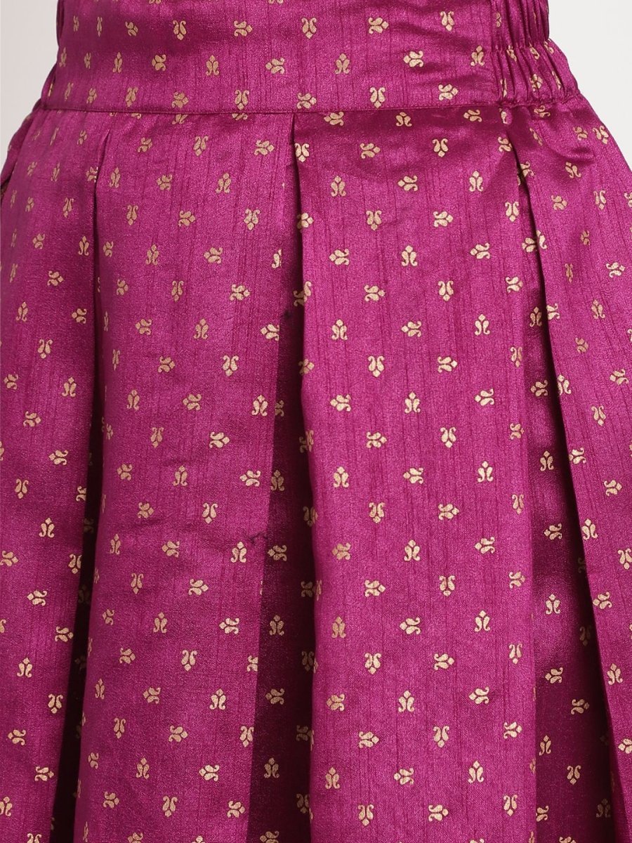 Ahalyaa Women's Pink Poly Silk Gold Foil Print Top With Skirt | Swadesiicart
