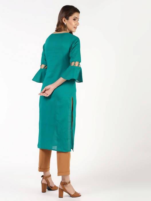 Aniyah Cotton Criss Cross Bell Sleeves Blue Straight Kurta (AN-143K) - Swadesiicart