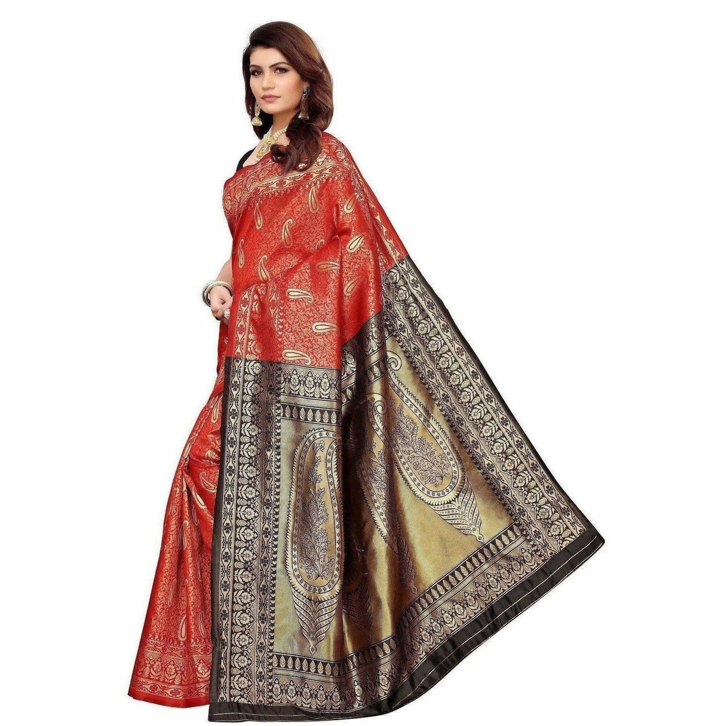 Vamika Banarasi Jaquard Red Weaving Saree (BANARASI 03) | Swadesiicart